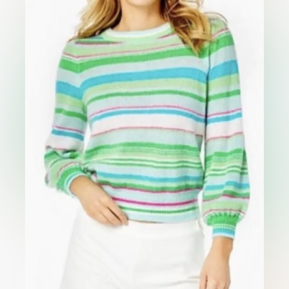 LILLY PULITZER National Wool Blend Sweater in Jet‎ Set Stripe Blue Horizon